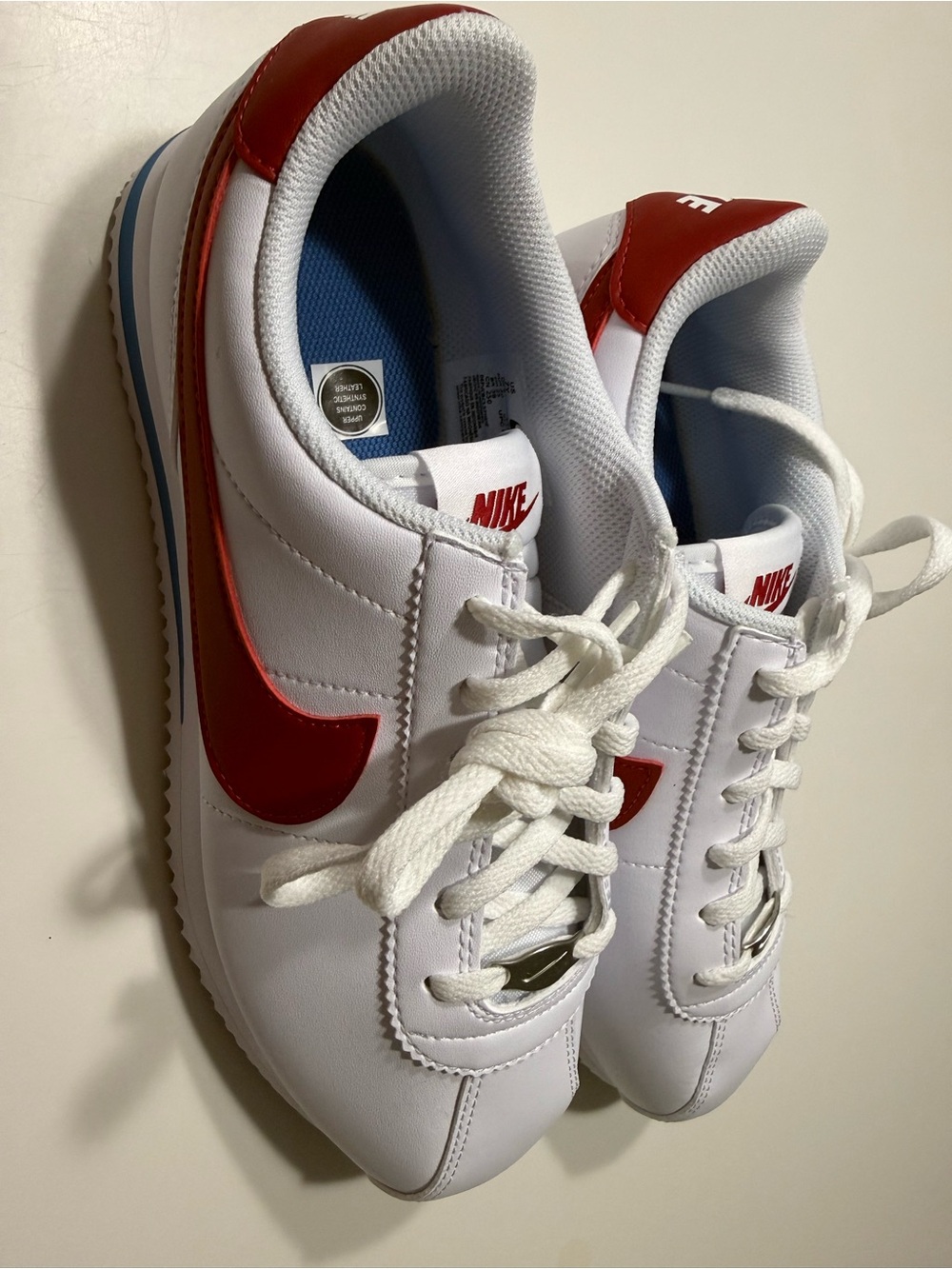 Nike Cortez Sneakers- White Sneakers with Red Swoosh and Blue Insole
